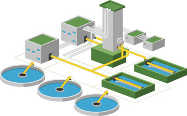 Obraz premium Isometric industrial wastewater treatment plant with sedimentation basins, water purification system, sewage processing units and interconnected pipeline infrastructure illustration