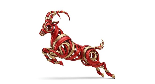 An elegant stylized goat leaping, crafted from flowing red and gold ribbons in a dynamic 3D design against a clean white background.
