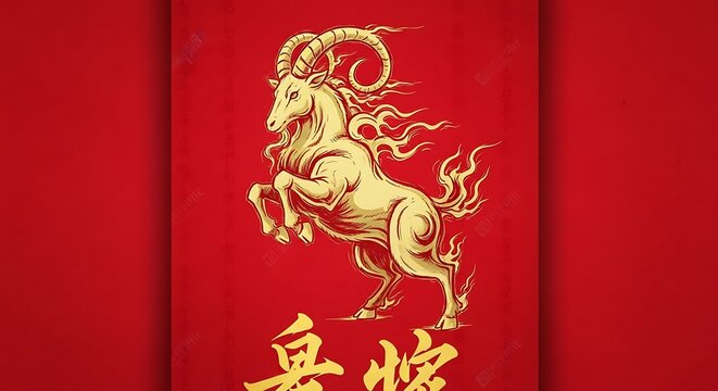 An elegant golden goat with flowing manes of fire rears up against a deep red background featuring subtle Chinese calligraphy and bold golden text.