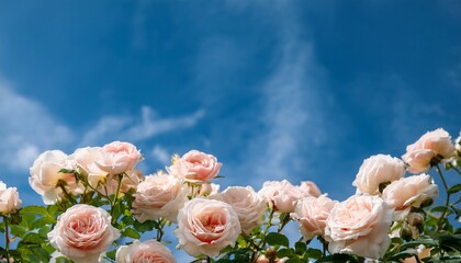 Delicate Floral Composition Featuring Soft Roses Against A Tranquil Blue Sky