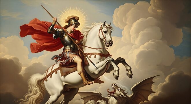 A heroic knight in golden armor on a white horse spears a winged dragon amidst dramatic clouds, capturing the classic triumph of good over evil in a grand, painterly style.