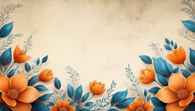 Borde Floral Vintage Panoramico Con Flores Naranjas Y Hojas Azules Sobre Fondo De Textura Grunge Beige Con Espacio De Copia
