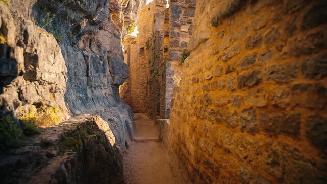 Autoire, France. Forward tracking shot moving through narrow stone passage of Ch&acirc;teau des Anglais cliffside ruins. Ancient medieval fortress built into rock face during golden hour.