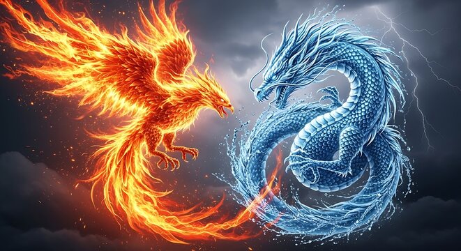 A cinematic clash between a majestic fire phoenix and a serpentine water dragon, representing the eternal balance of opposing elements amidst a dark, stormy sky.