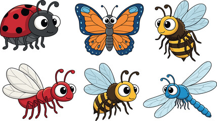 Cute cartoon insect characters set featuring ladybug butterfly bee ant and dragonfly, colorful kawaii bug illustrations isolated vector for kids education and playful design © SreemotiArponaBala