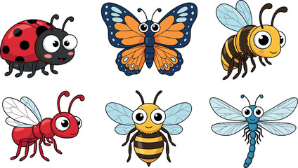Cute cartoon insects set featuring ladybug butterfly bee ant and dragonfly, colorful kawaii bug characters isolated vector illustration for kids education and design © SreemotiArponaBala
