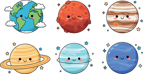 Cute kawaii solar system planets set including Earth Mars Jupiter Saturn Uranus and Neptune, adorable cartoon space illustrations isolated vector for kids education and design © SreemotiArponaBala