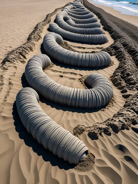 Coiled castings of sandworm that live in silty-sandy soil. Casts of sand sculptures made by lugworm or arenicola marina, by the sea.