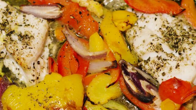 Wild caught atlantic Cod fillets with mediterranean diet vegetables in bubbling olive oil after cooking. Peppers, onions, courgette, tomatoes. High quality healthy food videography.