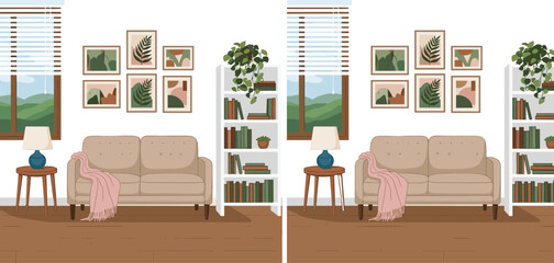 Fototapeta premium Cozy Living Room Interior Vector Illustration with Sofa Bookshelf Plants and Wall Art for Home Decor and Modern Apartment Design Projects