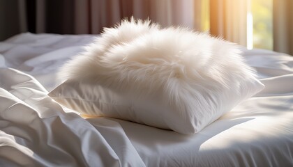 Soft Fluffy Pillow Resting On A Crisp White Bedsheet Ready For A Peaceful Night S Sleep Sunlight Streams In Highlighting The Plush Texture Peaceful Serene