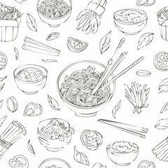 Handdrawn seamless pattern of various Asian food dishes in a sketch style.