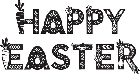 Black and white easter greeting with floral and vegetable decorations happy © MdAbu
