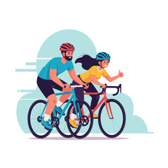 Fototapeta premium Cartoon vector illustration of a man and woman riding bicycles together for fun sport and recreation