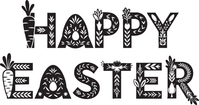 Black and white easter greeting with floral and vegetable decorations happy