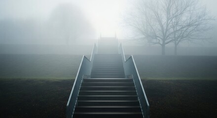 Misty staircase leading to bright sunlight in foggy field with leafless tree and serene atmosphere