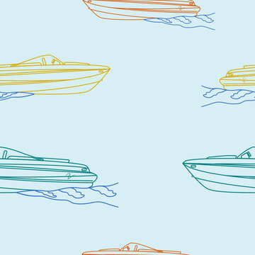 Editable Outline Side View American Bowrider Boats in Various Colors on Water Vector Illustration as Seamless Pattern for Creating Background of Transportation or Recreation Related Design