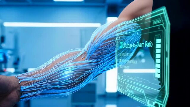 athlete undergoing neural fiber scan on forearm with holographic performance metrics, motion lab lighting, blue neural filaments tracking muscle activity, sports science evaluation, focused