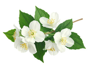 Fototapeta premium Branch of delicate white jasmine flowers with lush green leaves, elegantly arranged