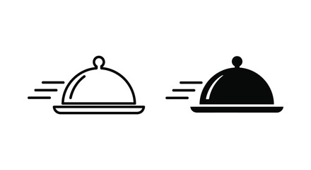 Obraz premium Fast food delivery and catering service icons featuring a restaurant cloche with motion lines to represent quick gourmet meal shipping and professional hospitality logistics.