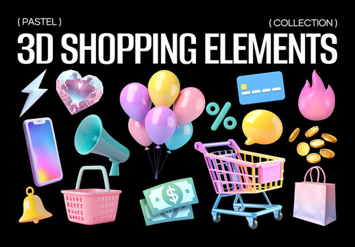 Colorful 3D Shopping Elements Design Set