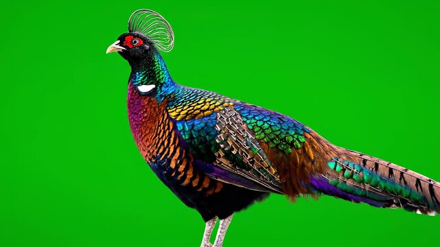 Vibrant Himalayan Monal Pheasant Displaying Iridescent Plumage on Green Screen Background