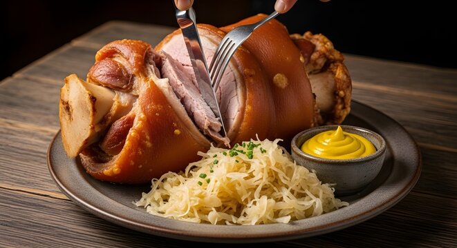 Traditional German pork knuckle on plate