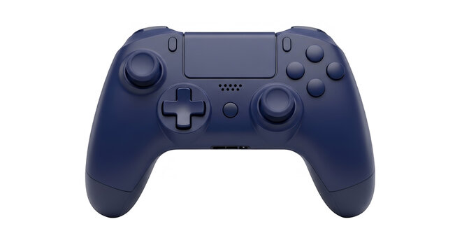 Dark blue game controller on a white background.