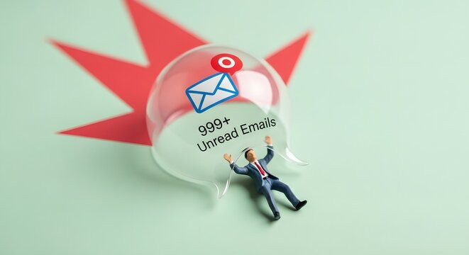 Miniature figure overwhelmed by unread emails conceptual illustration