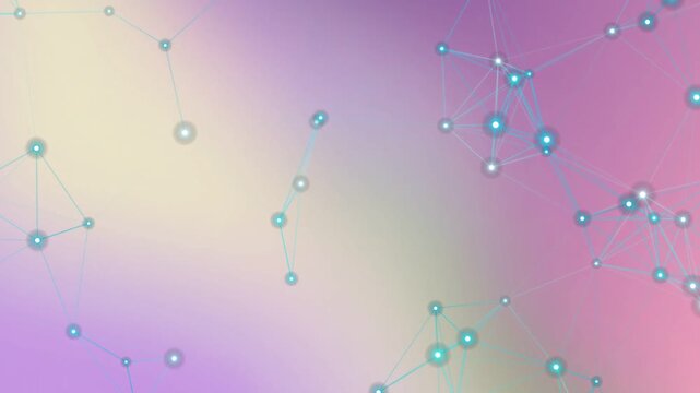 Seamless vector illustration of an abstract purple and pink liquid background featuring a bubbly water drop pattern with a circular molecule network design for a modern science art wallpaper