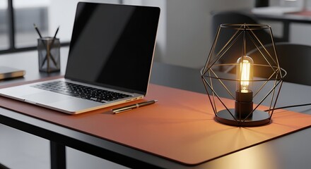 Sleek office workspace featuring laptop, lamp, pen, and modern accents