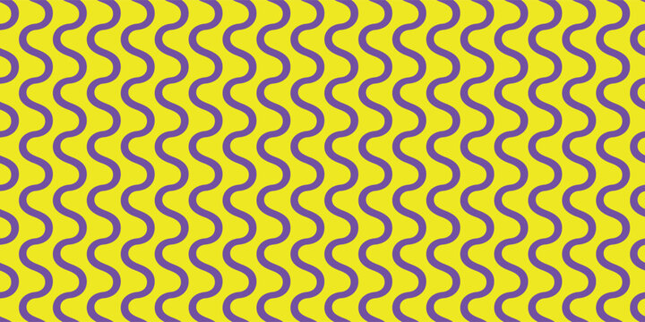 Vibrant purple wavy lines on yellow background. Seamless pattern perfect for apparel, bandanas, gift wrap, packaging, notebook covers, and modern wallpaper. Bold 70s retro psychedelic vector art.