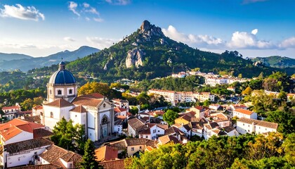 Fototapeta premium A serene town nestled at the foot of a majestic mountain