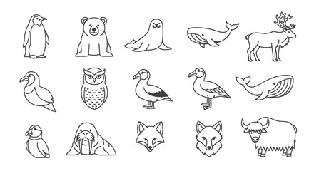 Fototapeta premium Arctic Animals Collection: Cute Line Art Icons of Wildlife
