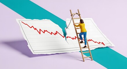 Fototapeta premium Woman climbing ladder tearing graph illustration financial concept