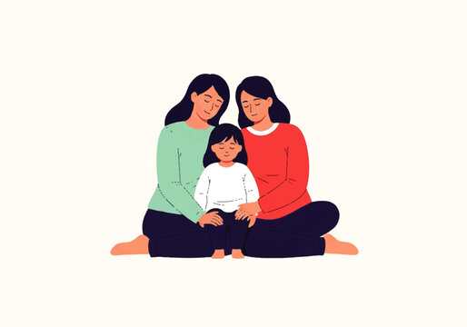 Flat design illustration vector of two women and a child sitting together in a warm, minimalist setting.