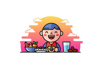 A cheerful cartoon character enjoys a meal with a bowl of food, a glass of water, and a plate of fruit in a vibrant flat design illustration vector with a sunny background.