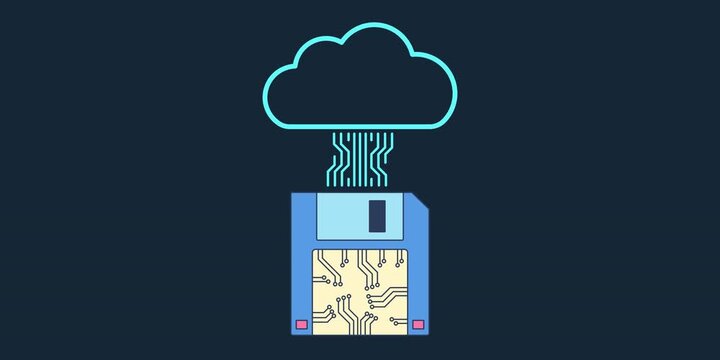 Animated top-down view of a retro floppy disk. Thin cyan lines connect the disk to a glowing digital cloud icon. Pastel and neon color palette in a minimalist 2D motion loop.