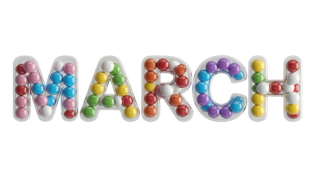 Colorful candy MARCH sign on white background MARCH isolated on a transparent background