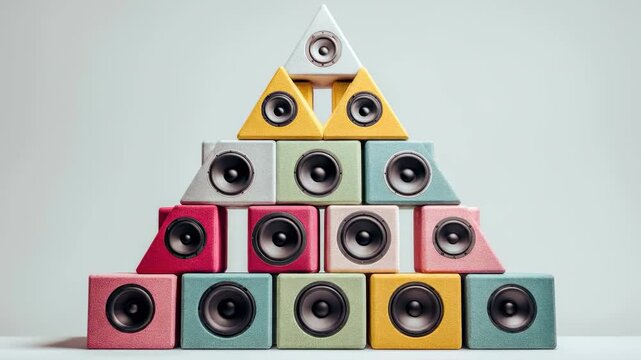 Colorful pyramid of audio speakers creating sound