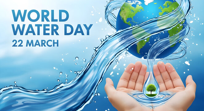 World water day 22 march celebration concept with earth globe and water droplet in hands, environmental protection and conservation theme