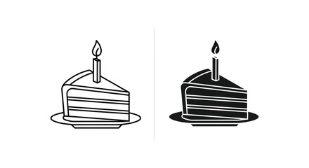 Minimalist birthday cake slice icons with a lit candle on a plate, featuring both outline and solid black vector styles for celebration and anniversary design projects. © JAKEYA