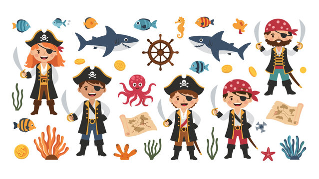 Collection of cute pirate characters with nautical elements like sharks, octopus, treasure maps, and gold coins for children design.