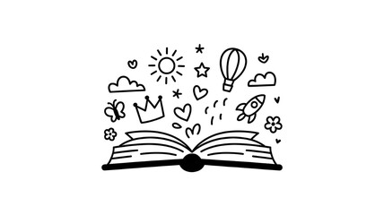 children book day template card, poster, flyer, banner. open book, rocket, balloon, crown, heart, sun, stars. fantasy, fairy tale, imagination. sketch hand drawn doodle. vector, minimalism, monochrome