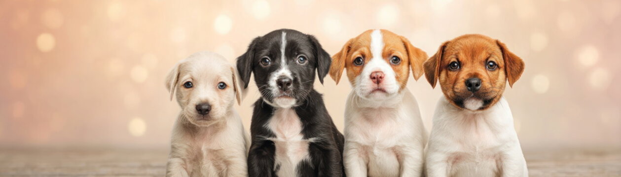 Four Adorable Puppies of Different Breeds Sitting in Row Looking at Camera Cute Group Pet Portrait with Friendly and Playful Expression Fourfold Puppy Charm