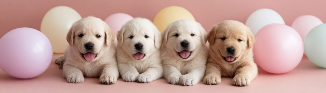 Four Smiling Golden Retriever Puppies Lying in Row Among Colorful Party Balloons Joyful Celebration Pet Portrait with Festive Atmosphere Fourfold Puppy Charm
