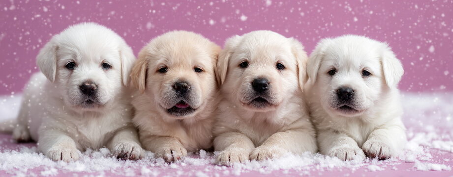Four Cream Golden Retriever Puppies Sitting in Falling Snow on Pink Background Cute Winter Pet Portrait with Soft Pastel and Festive Mood Blush Snow Companions