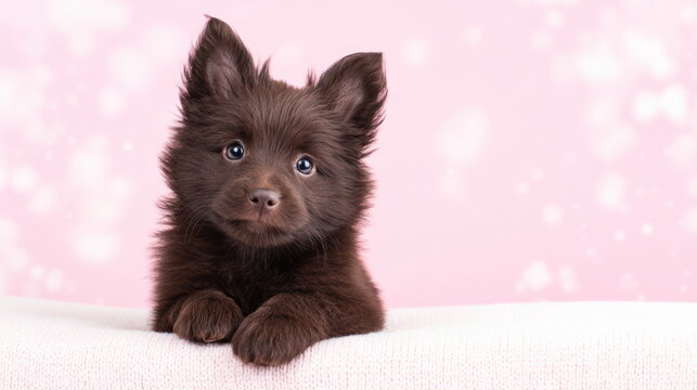 Fluffy Brown Puppy with Pointed Ears Sitting on White Knit Blanket with Pink Bokeh Cozy Cute Pet Portrait with Soft Romantic Glow Everyday Puppy Delight