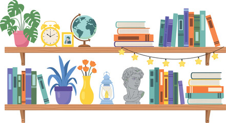 Decorative Bookshelves with Plants, Globe, and Study Items Illustration, Home Library Interior Concept for Education, Reading, and Cozy Workspace Design © Sanjida
