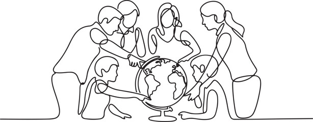 continuous line of teachers and students looking at a globe.one line drawing of geography learning school activities.one line vector illustration with out Background © MstMoushumi